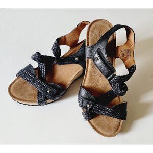 Taos Trulie Black EU 38 US 7.5 Leather Sandals Woven Strappy Wedge 2.5"